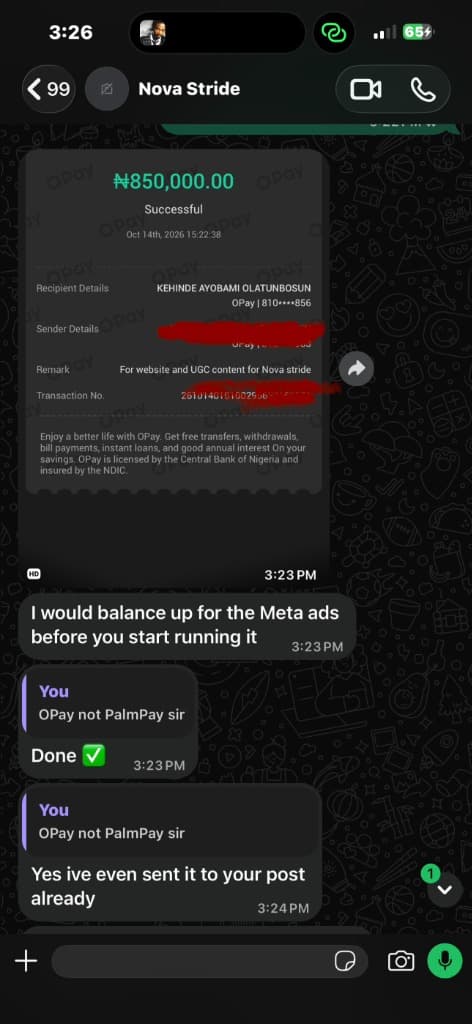 Actual ₦850,000 OPay payment receipt to Kehinde for website and UGC content for Nova Stride